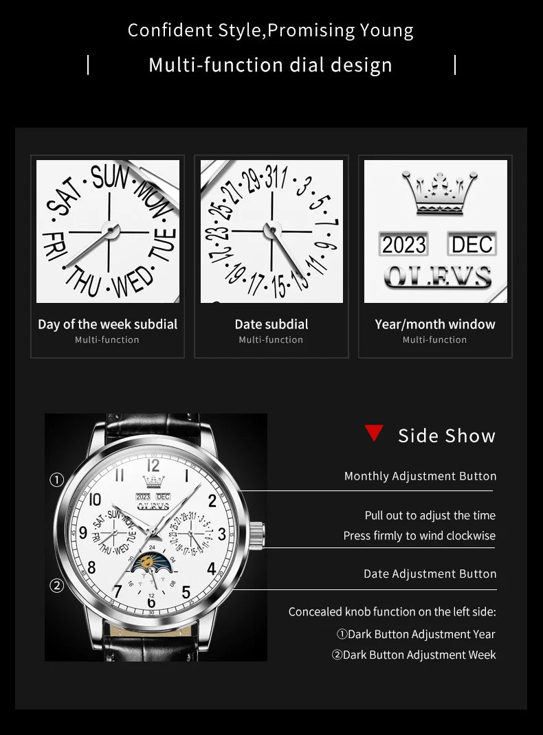 OLEVS 6698 Mens Watch Luxury Dress Brand Moon Phase Automatic Mechanical Watch For Men Leather Waterproof Dual Calendar...
