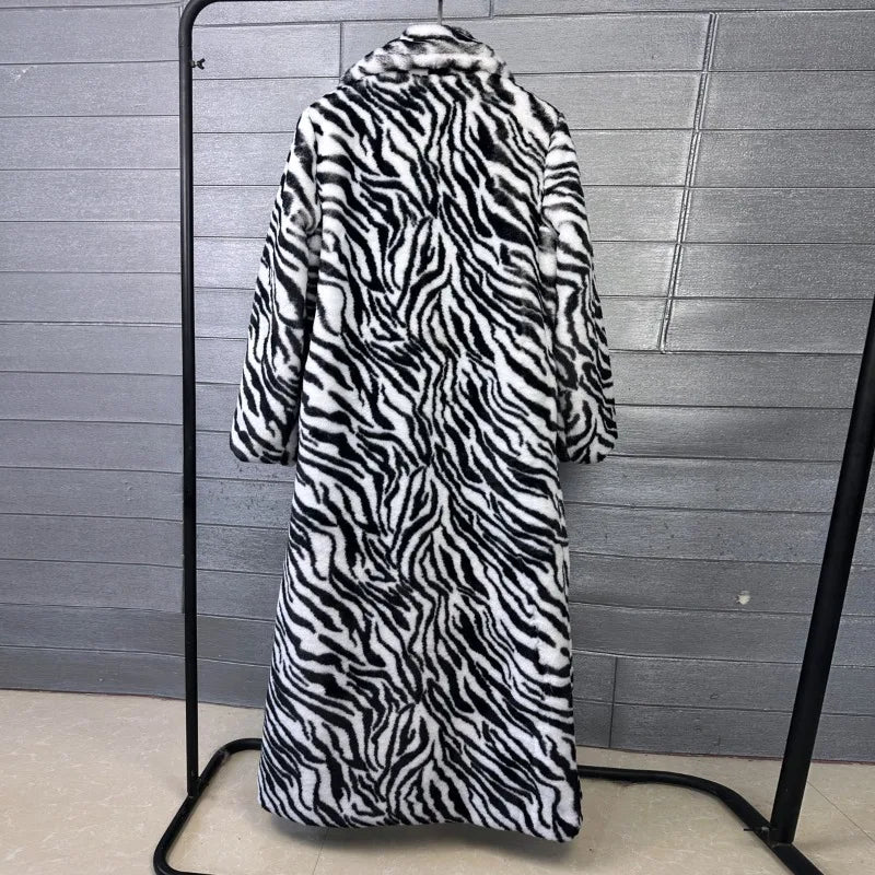 2026 Fashion Zebra Leopard Print Fur Coat Women's Winter Faux Rabbit Hair Fur X-long Overcoat Loose Jacket Streetwear...