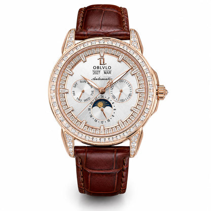 OBLVLO Men's Classic Watch with Colorful Diamonds Bezel Red Dial Mechanical Automatic Moonphase Multifunction Leather Strap GCM-MUT