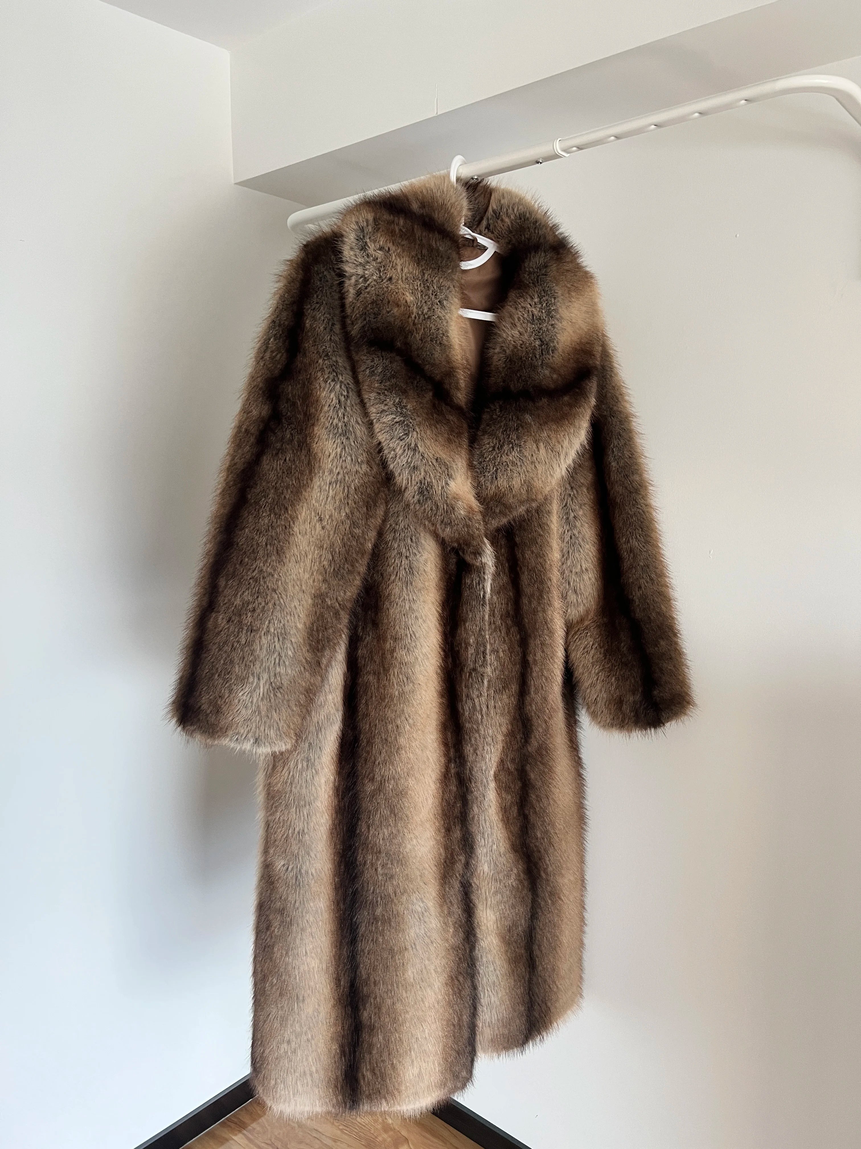 Brown Stripes Gradient Premium Faux Fur Maxi Long Coat Luxury Vintage Fluffy Lapel Collar Midi Coat Pinterest Style Slay Outfits