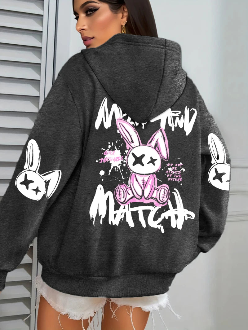 Mix And Match Cartoon Rabbit Prints Women Hoodie Pocket Streetwear Harajuku Loose Hoody All-Match Fleece Female Clothing