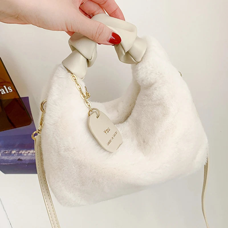 Cute Faux Fur Plush Handbags Ruched Handle Small Lady Shoulder Crossbody Bag Casual Tote Half-Moon Hobos Winter Bags for Women