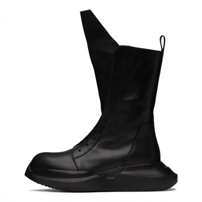 Gothic Men Thick Platform Mid Calf Boots Height Increasing Cowhide Genuine Leather Sneakers Man High Top Moto Biker Safety Shoes