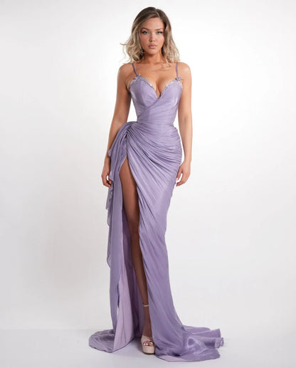 Ofherown Lavender Spaghetti Strap Evening Dress Prom Gown Deep V Neck High Slit Mermaid Maxi Formal Party Dress For Women