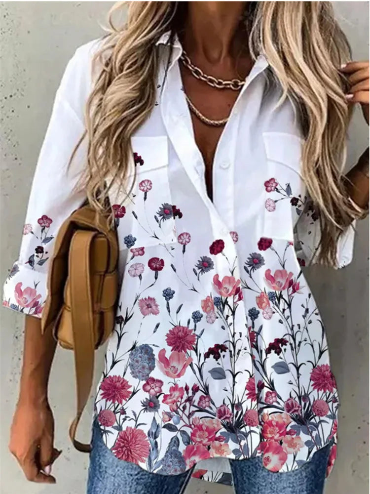Summer Turn-Down Collar Women Blouse Long Sleeve Shirts Spring Vintage Floral Print Button Casual Blouse Blusas