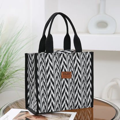 Chevron Pattern Canvas Tote Bag, Retro Letter Patch Decor Handbag, Women's Causal Shopper & Commuter Bag