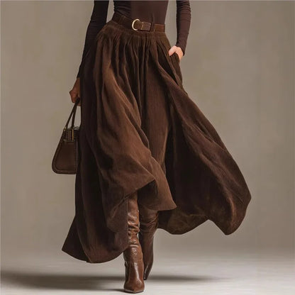 Retro Elegant Corduroy Long Skirt 2 Pieces Sets Turtleneck Long Sleeve Slim Top + Pocket Skirt Outfits Solid color Suit Outfits
