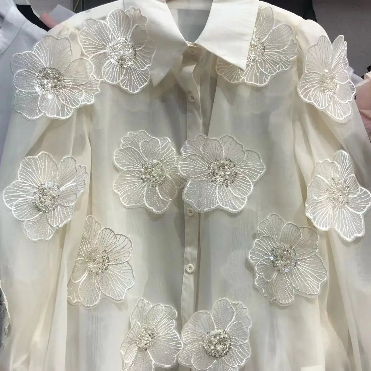 2024 Spring Summer Long Sleeve Sequins Petals Applique White Beige Mesh Shirts and Blouses For Women Sexy See- through...