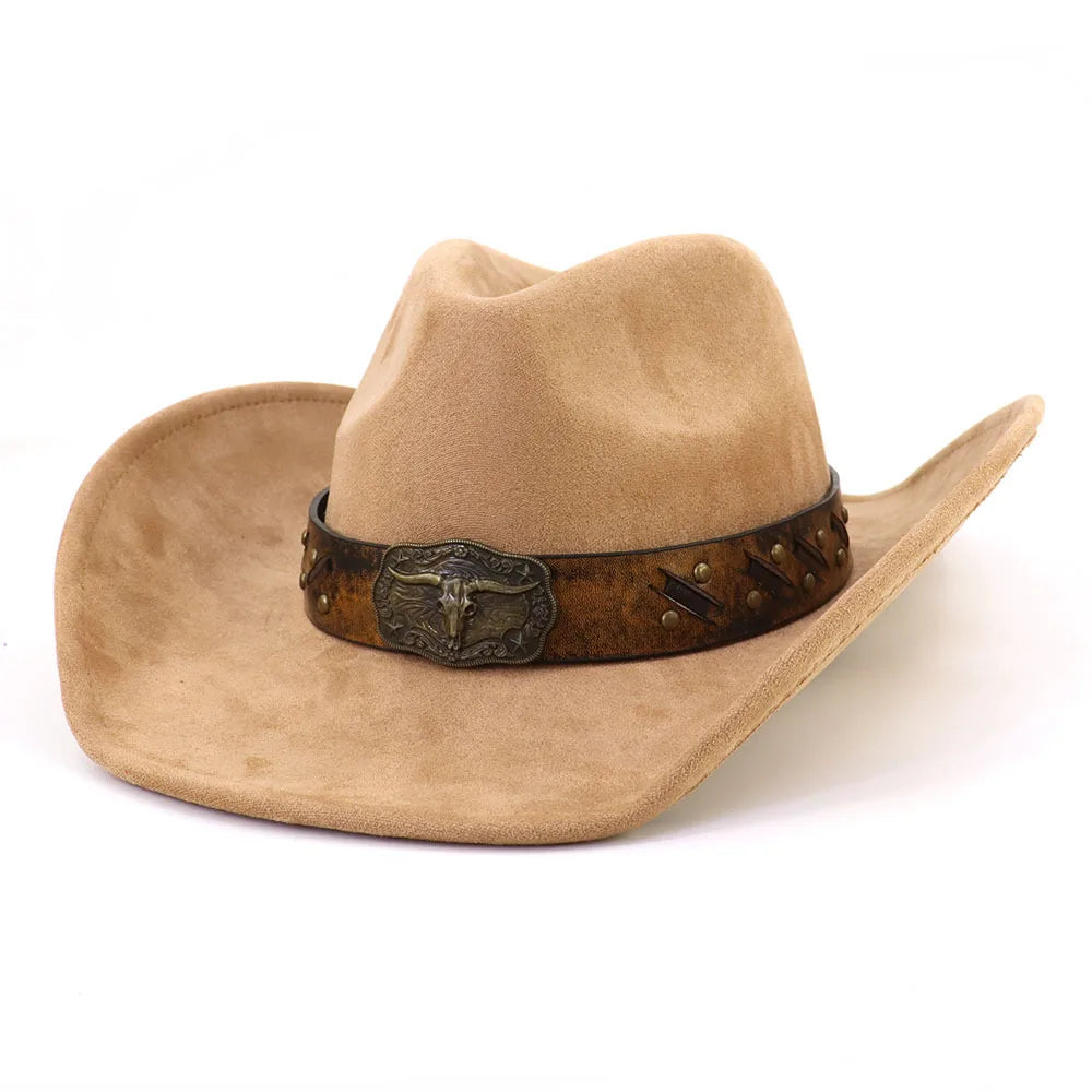 Western Big Brim Cowboy Hat Bull's Head Leather Band Suede Top Hat Outdoor Mens Hats Ladies Party Horse Riding Cowgirl...