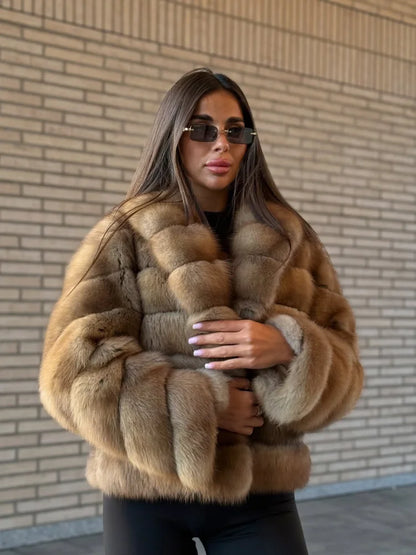 Women Patchwork Faux Fur Coat Elegant Contrast Full Sleeve Lapel Loose Long Staple Plush Jacket Winter High Street Outerwears