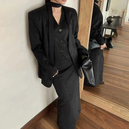 KWTX 2025 Women's 3 Pcs Suit Set Spring Fall V-Neck Blazer Single Breasted Vest Ribbon Tie Skirt Solid Color Elegant Retro
