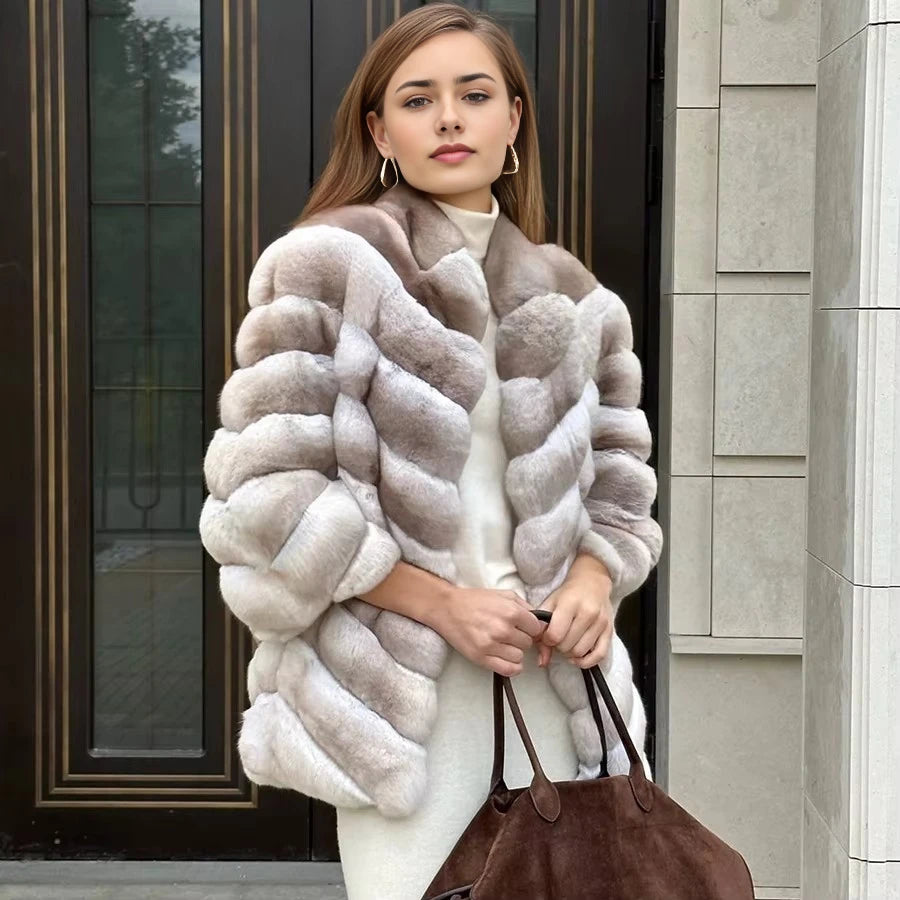 Natural Rabbit Fur Coat Women Chinchilla Colored Real Fur Coat Women Furry Jacket Women New Arrivals Hot Selling