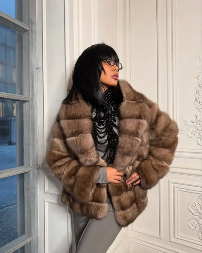 Fashion Patchwork Faux Fur Coat Women Casual Full Sleeve Lapel Loose Long Staple Plush Jacket 2025 New Winter Street Wear New