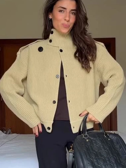 TFMLN Women's Knitted Cardigan Solid Stand-Up Collar Epaulet Single Breasted Female Sweater Coat Loose Fit Casual Knitwear