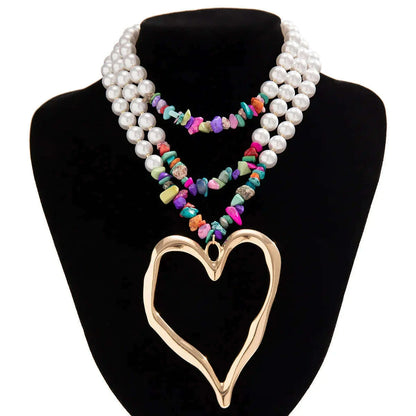 European and American Jewelry Exaggerated Retro heart Necklace for women Personality Beaded Turquoise Imitation Pearl necklaces