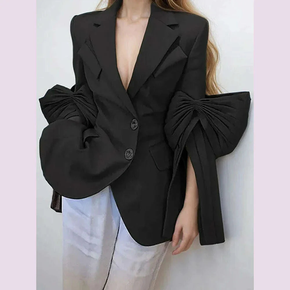 CHICEVER Vintage Solid Blazers For Women Notched Collar Irrgular Design Long Sleeve Spliced Folds Slim Blazer Female Spring New