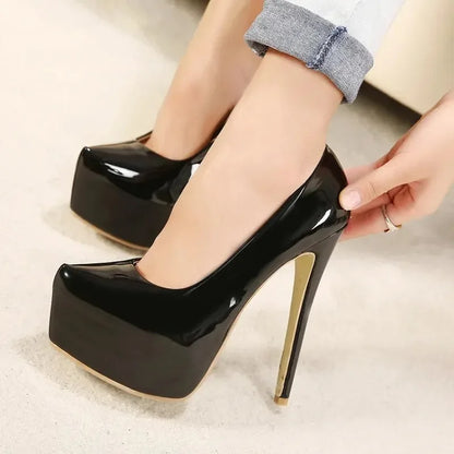Women Pump Shoes Bridal Platform Sip-On Pointed Toe Patent Leather 15CM Thin Heels Korean Style Casual Autumn Women Shoes Black