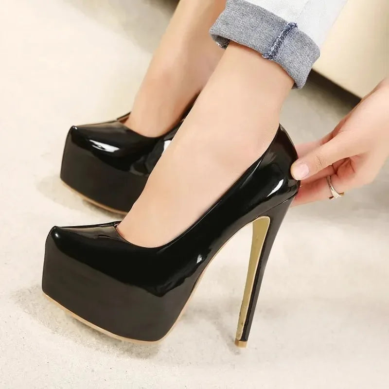 Women Pump Shoes Bridal Platform Sip-On Pointed Toe Patent Leather 15CM Thin Heels Korean Style Casual Autumn Women Shoes Black