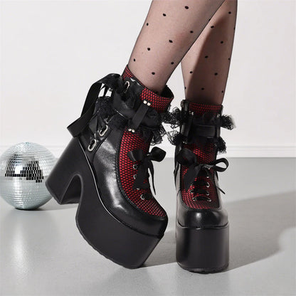 Y2k Gothic Short Boots Women Platform Chunky High Heels Bow Lace Decor Punk Fashion Women'S Ankle Boots Halloween Shoes Autumn W