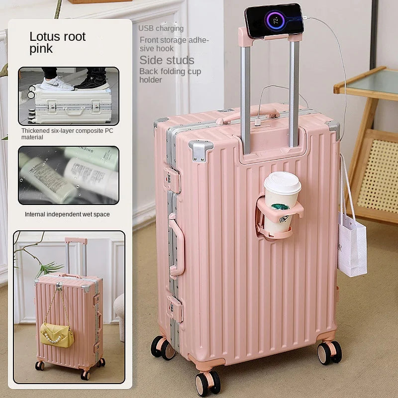 New Suitcase 30 inch Aluminium Frame USB Charging Luggage Carrier Boardable 20 inch Cabin Suitcases on Wheels with Cup Holder