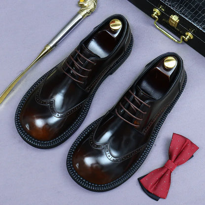 Retro Mens Dress Brogues Shoes Luxury Genuine Leather Round Toe Handmade Fashion Flat Brown Black Wedding Social Shoes Man