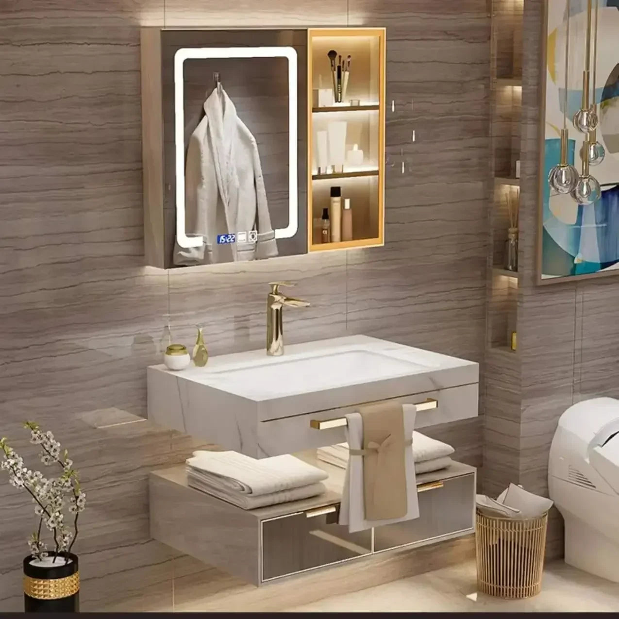 Modern Slate Bathroom Cabinet with Smart Mirror Ceramic Double Washbasin Bathroom Vanity Cabinets Under Sink Bathroom Furniture - Kimlud
