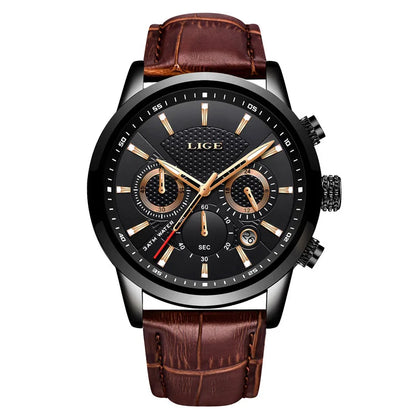 LIGE Fashion Leather Watch Men Army Military Quartz Mens Watches Top Brand Luxury Sports Waterproof Watch For Men Reloj Hombre