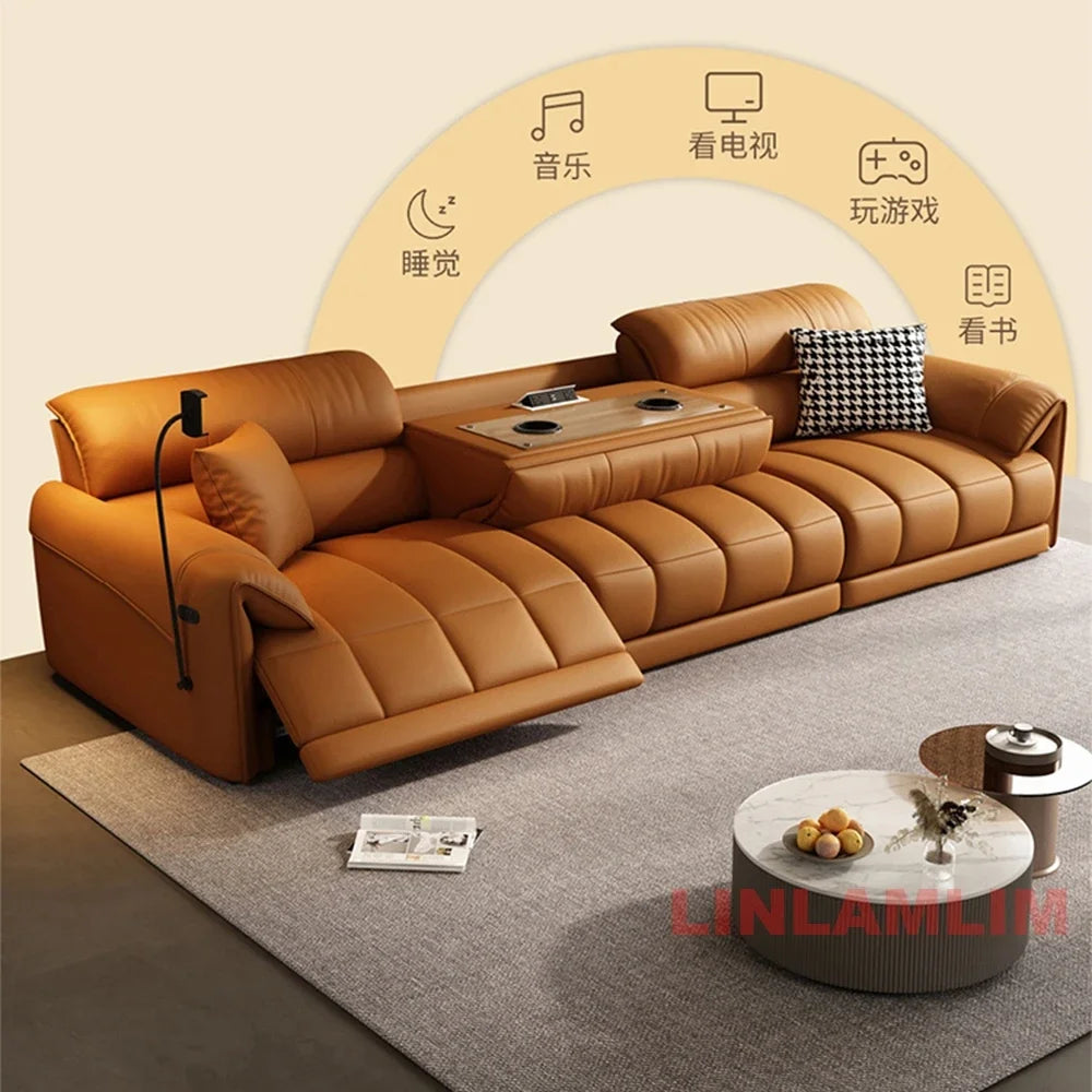 Modern Electric Reclining Sofa with Adjustable Footrest, USB, and Foldable Center Console – Italian Genuine Leather Power Sofa