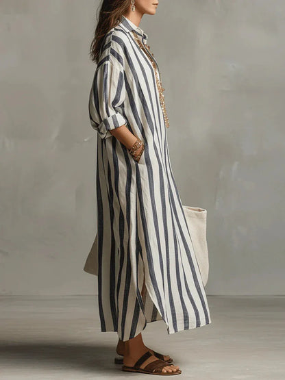 2026Spring Summer Casual Elegant Turn Down Collar Breathable Dress For Women Party Dress Boho Striped Printed Loose Beach - Kimlud