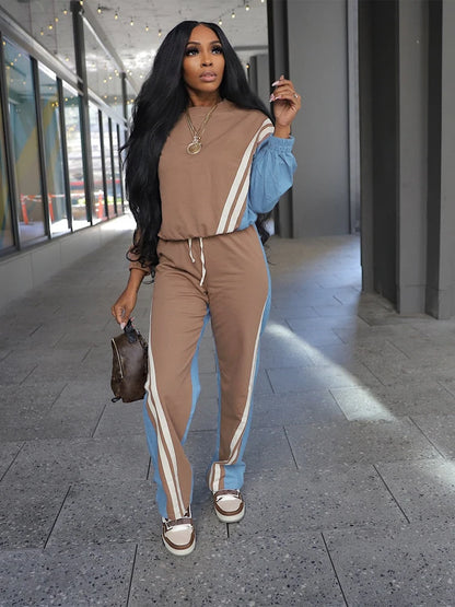 Sweatsuits for Woman 2025 Fall Sports Fashion Color Block Stripe Full Sleeve Sweatshirt and Drawstring Long Pants 2...