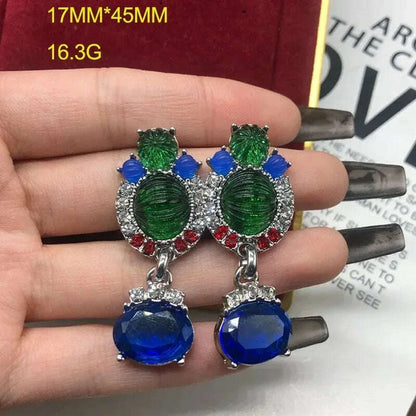 High-End Feel Blue Gemstone Choker Necklace Earrings Suit Fashionable Lockbone Chain Jewelry Set For Special Occasions