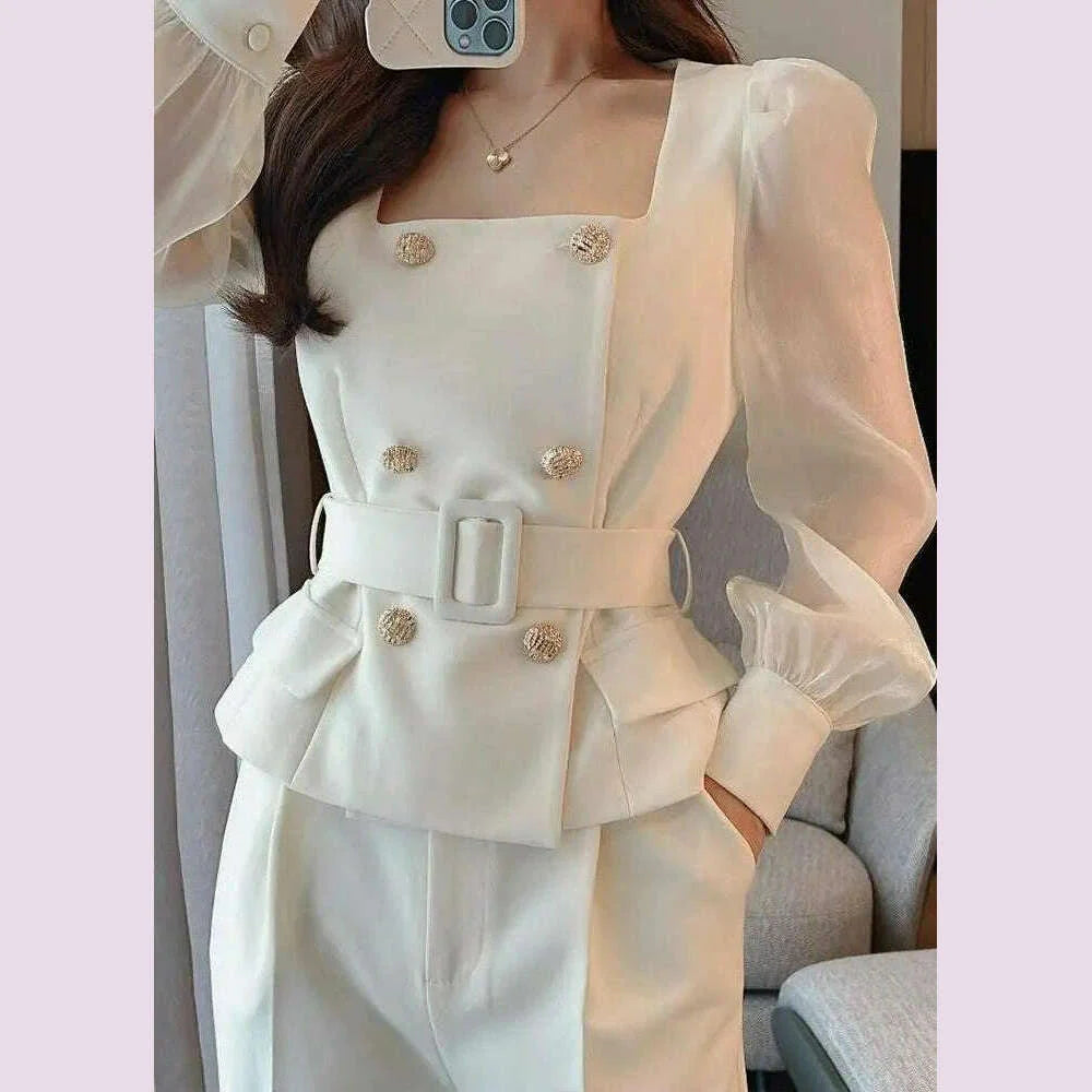 Sets Women Chic Korean Style Spring New Graceful Square Collar Tops Simple Wide Leg Pants Temperament Office Ladies Two Pieces