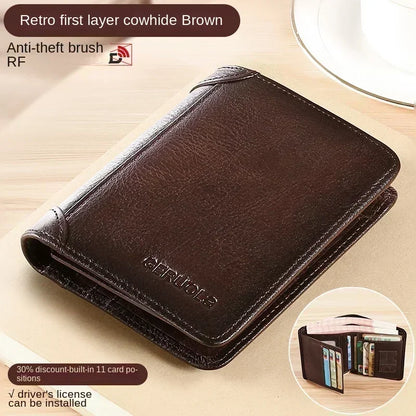 Men Wallet Genuine Leather Rfid Blocking Trifold Wallet Vintage Thin Short Multi Function ID Credit Card Holder Male Purse Money
