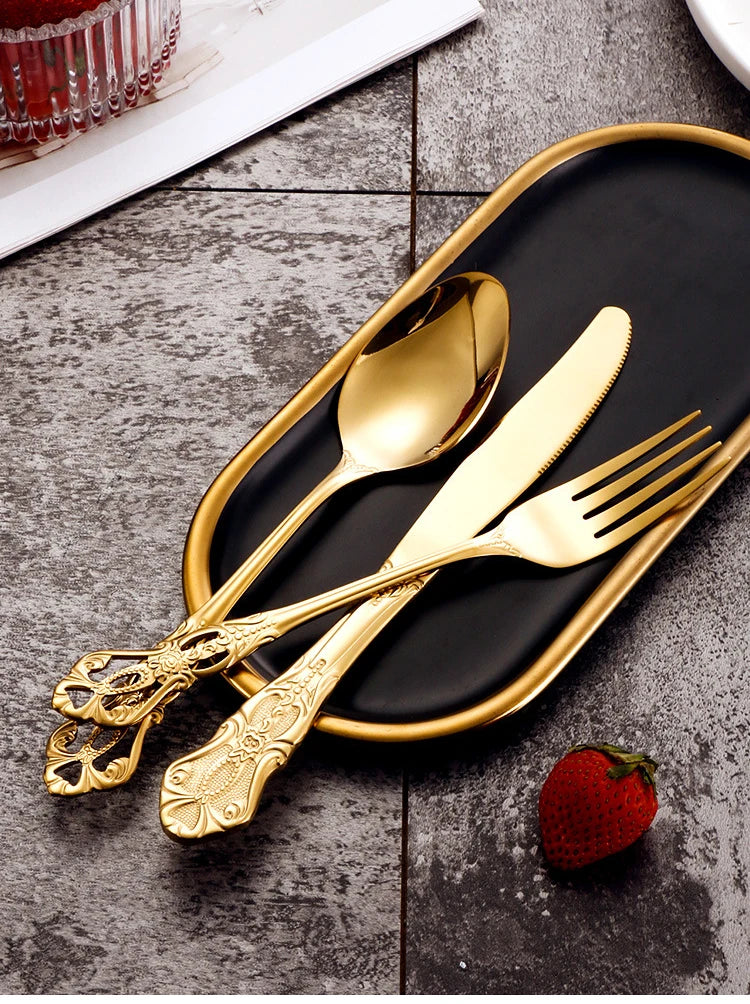 Golden Stainless Steel Cutlery Set Royal European Spoon Fork Complete Tableware Retro Design Dishwasher Safe Elegant...