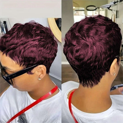 Short Pixie Cut Wig Human Hair For Women Machine Made Wigs With Bangs Colored Wig 180 Density