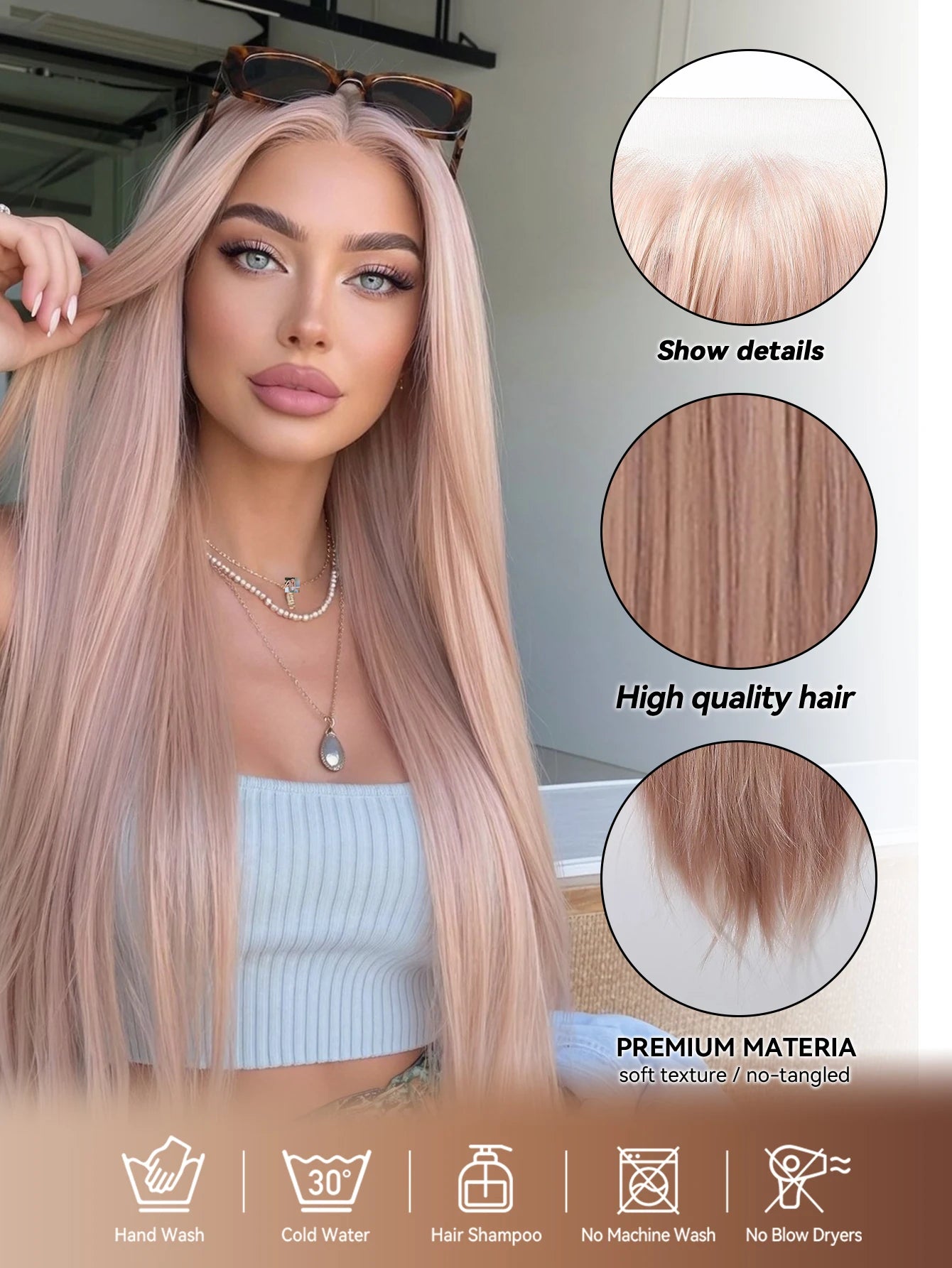 Long Straight Ash Pink 13x4 HD Lace Front Wig 30 Inch Glueless Synthetic Transparent Lace Frontal Wigs Pre Plucked Pastel Rose Gold for Women
