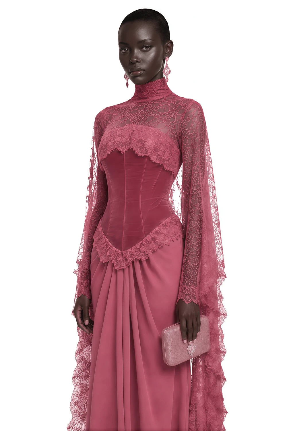 Mila Custom Dusty Rose High Neck Lace Long Flounce Sleeve Mermaid Prom Dress Spliced Velvet Formal Evening Gown Homecoming Dress - Kimlud