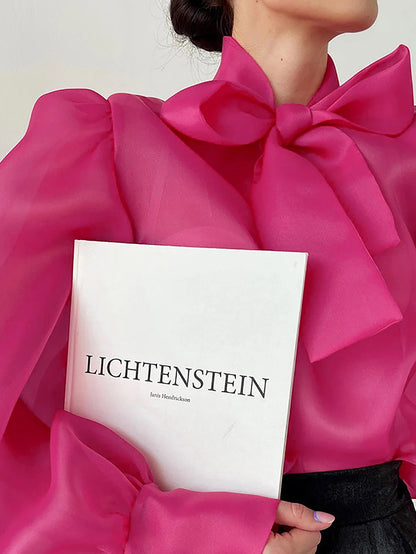 Women's See-through Chiffon Fashion Shirt Lace-up Bow Neck Puff Long Sleeve Loose Autumn Streetwear Elegant Office Ladies Blouse