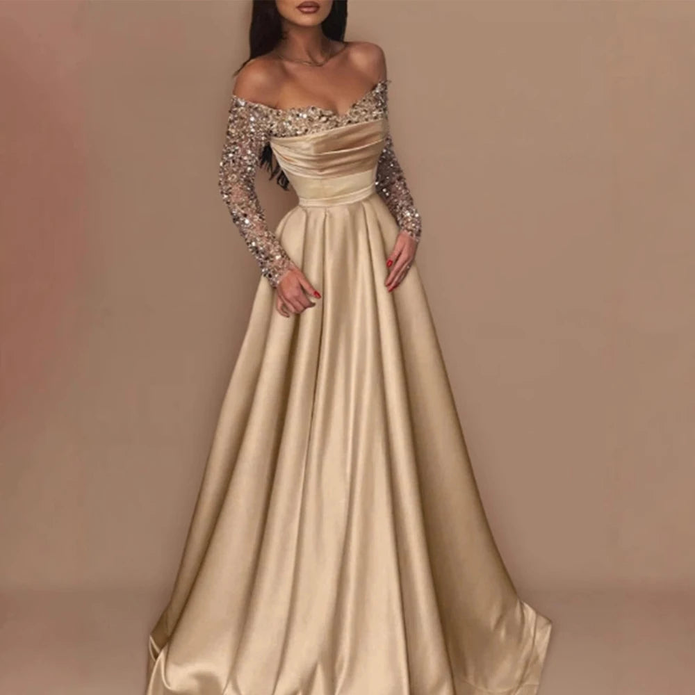 Elegant Luxurious Sequins Women Evening Dress Off Shoulder Slim Long Sleeve Autumn Party Dress Prom Formal Maxi Dresses Vestidos