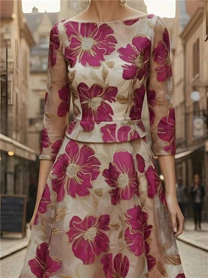 Vintage O-neck Pattern Printed Half Sleeve Dress Summer Elegant High Waist A-line Maxi Dress Temperament Banquet Spliced...