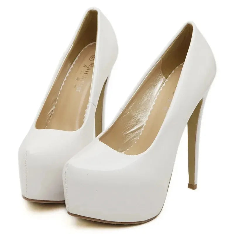 Women Pump Shoes Bridal Platform Sip-On Pointed Toe Patent Leather 15CM Thin Heels Korean Style Casual Autumn Women Shoes Black