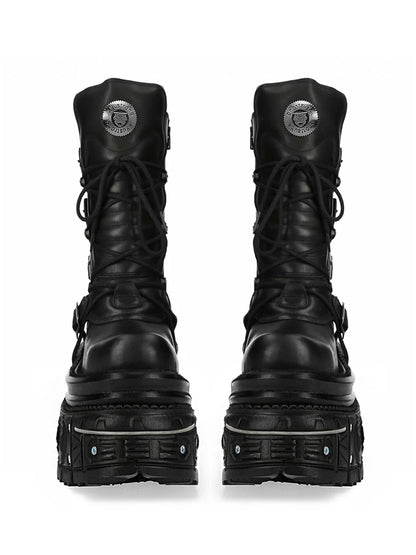 Metal Rivet Platform Cross Tie Motorcycle Boots Female Rock Round Head Fashion Retro Short Boots Goth Style Platform Boots