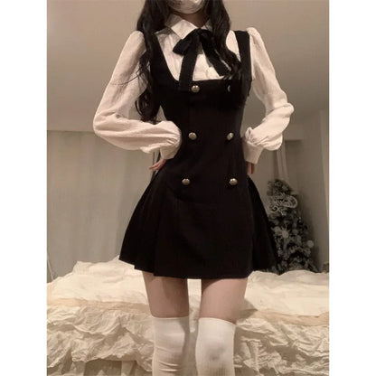 CGC Preppy Style Fake Two Piece Womens Short Dresses Casual Bow Tie Japanese JK Lolita Dress Female 2025 Summer Party Dresses