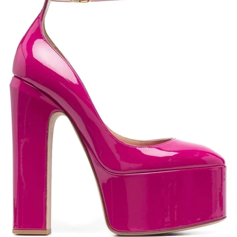 Europe And America Ultra High Heels Platform Women's Sandals Round Toe Crude Heel Female Pumps Patent Leather Lady Single Shoes - Kimlud