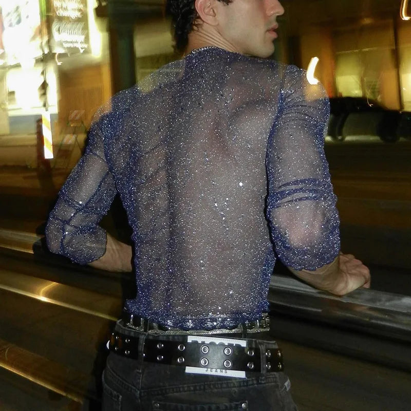 Sexy Men's Slim Stretch Mesh Crop T-shirt Purple Bling See Through Sex O-neck Top Shirts Live Show Dance Nightclub Party - Kimlud