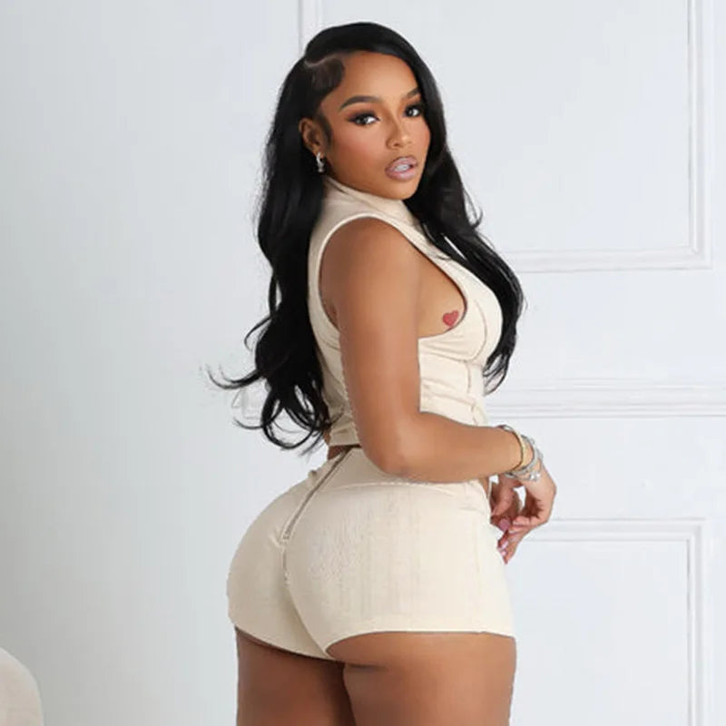 Women Clothes Sets Line Stitching Sleeveless Zip Cropped Tank Top and Shorts Set Classy Sexy Tight Y2k Night Out 2 Piece Outfits
