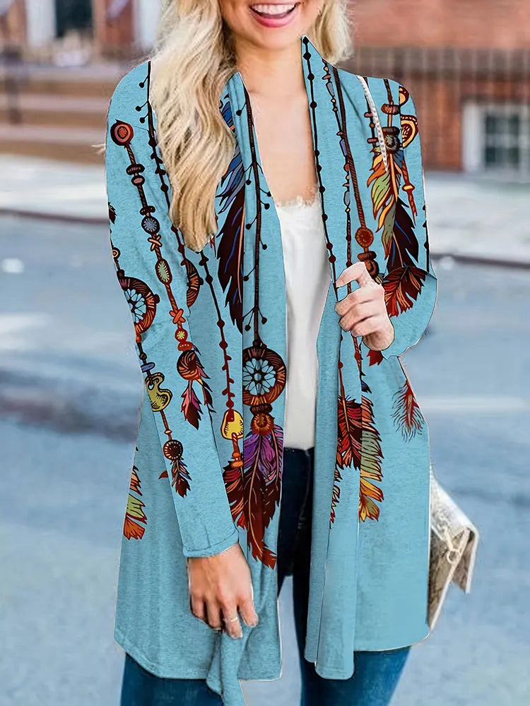 Clearance Plus Size Ethnic Print Long Sleeve Top Coat Bohe Retro Mid-Length Cardigan Daily Comfortable Female Clothing On Sale