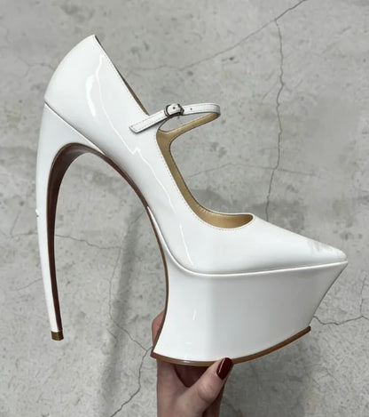 2026 Spring/Summer New Women's Fashion Runway Patent Leather Pointed-Toe Platform Stiletto Heel Ankle Buckle Dress Party Pumps - Kimlud