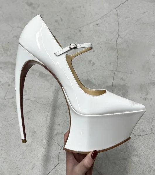 2026 Spring/Summer New Women's Fashion Runway Patent Leather Pointed-Toe Platform Stiletto Heel Ankle Buckle Dress Party Pumps - Kimlud