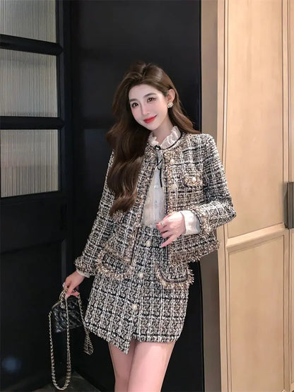 2025 Autumn Winter New Chic Two-Piece Skirt Women's Fashion Loose Burrs Elegant Sweet Tweed Jacket+Skirt Female Two-Piece Suit